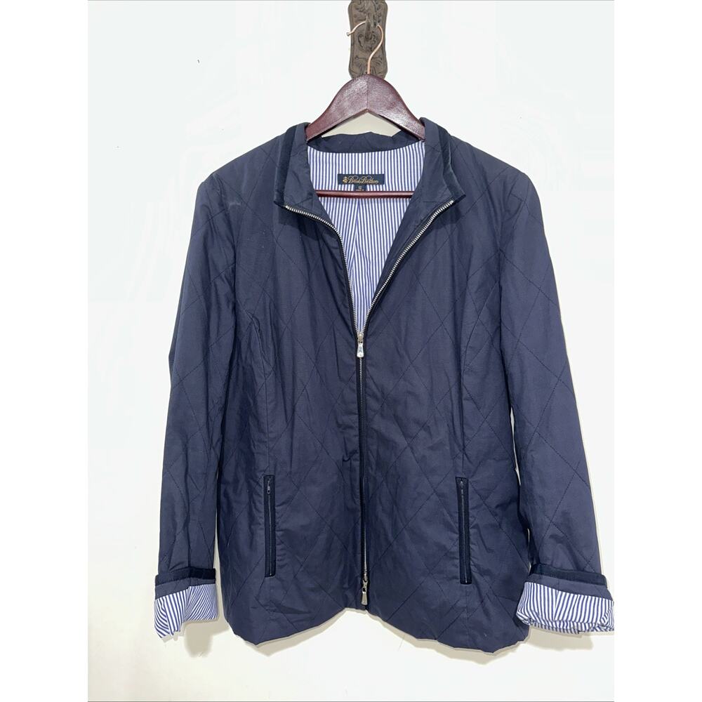 Brooks Brothers Quilted Jacket Women 10 Navy Blue Mock Neck Zipper Pockets Snap